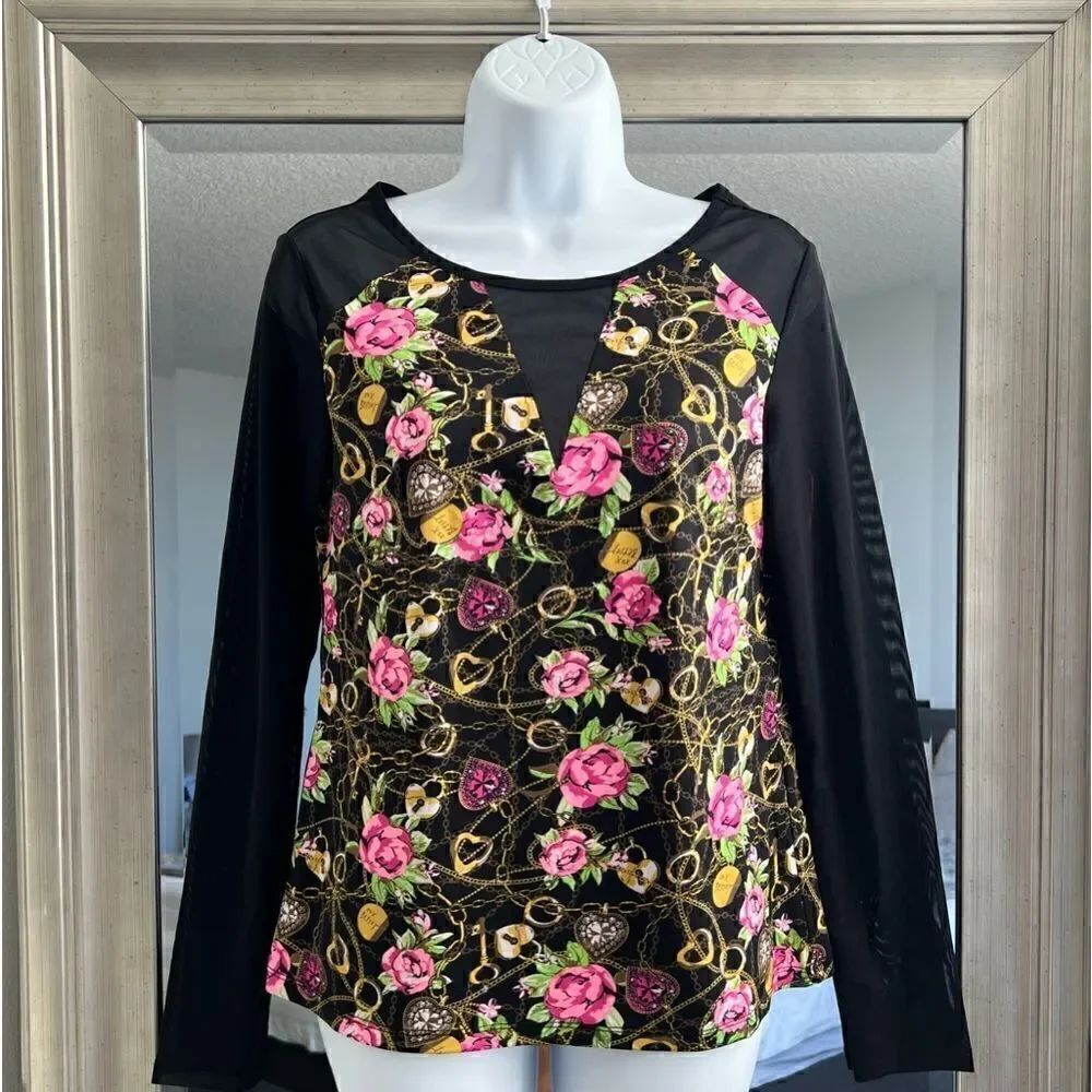 BETSEY JOHNSON Floral Roses & Chains Lockets Sheer Sleeves Blouse Size S
